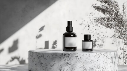 Minimal skincare product set on textured concrete podium with soft monochrome background modern clean mockup image