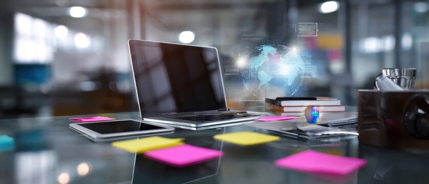 The modern workspace featuring a laptop and interactive digital globe.