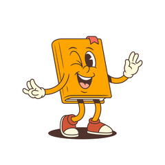 Smiling orange book cartoon character winking joyfully with arms open in a playful dancing pose. Positive attitude and friendly style. Perfect for educational content. Vector illustration