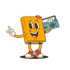 Cartoon book mascot holding old cassette player on shoulder with cheerful smile and rock gesture. Music vibe combined with playful character perfect for fun educational content. Vector illustration