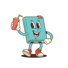 Happy blue cartoon book character wearing red sneakers smiling while holding a red plastic cup filled with lemonade and straw. Fun and playful element for educational designs. Vector illustration