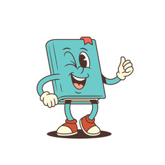 Cheerful blue cartoon book character with red bookmark and red sneakers winking and showing a thumbs up hand gesture. Perfect for educational or motivational design themes. Vector illustration