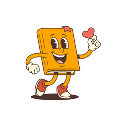 Smiling orange cartoon book mascot wearing red sneakers and holding a small red heart in one hand. Cheerful and cute character suitable for education and love-themed projects. Vector illustration