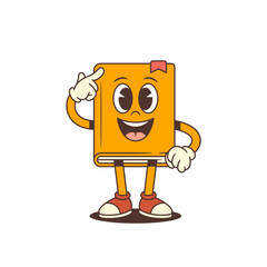 Bright orange cartoon book mascot pointing finger to head representing intelligence and wisdom, perfect for educational and learning materials focused on knowledge and study. Vector illustration