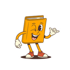 Orange cartoon book mascot winking with a cheerful face while showing a hang loose hand gesture, conveying friendly and relaxed vibes related to education and learning concepts. Vector illustration
