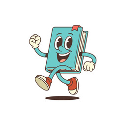 Blue book mascot happily running with energetic movements and a joyful expression, symbolizing enthusiasm for learning, education, and knowledge in a fun and playful style. Vector illustration