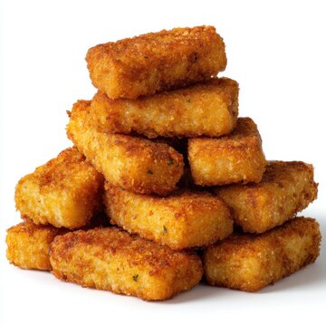 Golden brown crispy fish fingers stacked in a pyramid against a white background