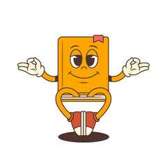 Cheerful book mascot character meditates peacefully with relaxed expression, symbolizing calm, wisdom, balance and mindfulness in educational and emotional themes. Vector illustration