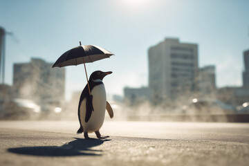A Penguin Using a Sun Umbrella in the Heat of an Urban Landscape – A Metaphor for Global Warming and Environmental Crisis