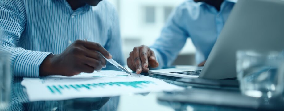 The hands of professionals collaborating on financial analysis in a modern office