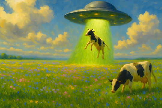 UFO Abducting Cow with Green Beam in Colorful Wildflower Meadow