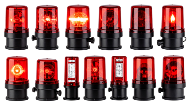Red emergency lights with black bases in different sizes and shapes isolated on solid white background in Png format
