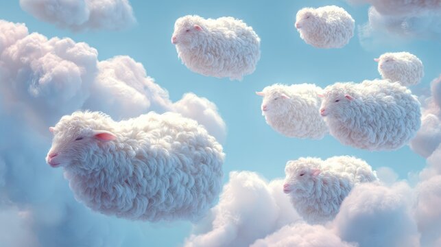 Surreal dreamlike sheep floating in fluffy clouds under bright blue sky perfect for sleep concept illustrations, fantasy children’s themes and imaginative wellness content