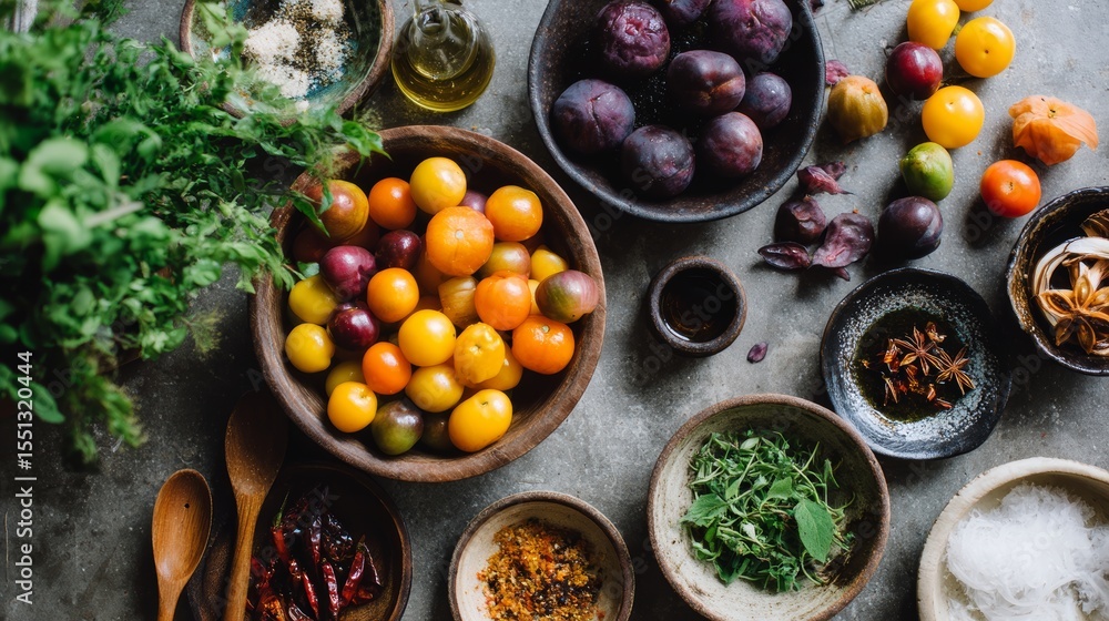 Aufkleber topdown view of fresh colorful cherry tomatoes, herbs, spices, and rustic table setting with natural