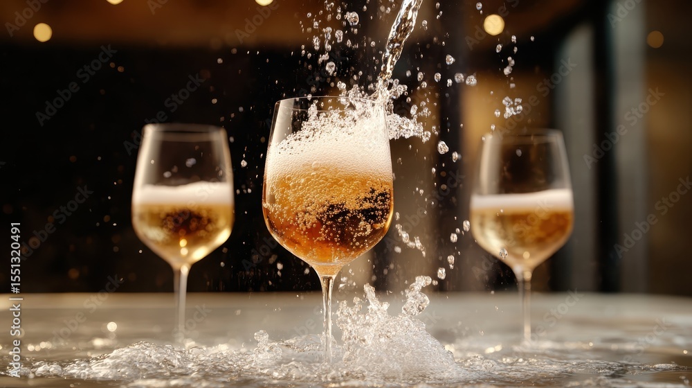 Poster an exciting visual of champagne being poured into glasses, creating splashes and bubbles that symbol