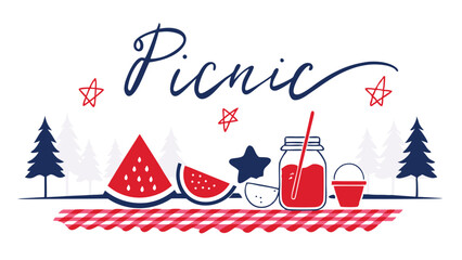 Festive Summer Picnic Watermelon Refreshments and Stars on a Checked Blanket in a Forest Setting