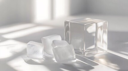 Minimalist white cube with transparent ice cubes on clean light background elegant product display mockup image