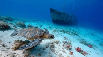 Vibrant underwater scene showcasing a sea turtle swimming past colorful coral and debris with a mysterious sunken ship shadow looming in the background.