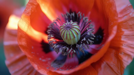 Close-up of vibrant orange poppy flower with detailed center