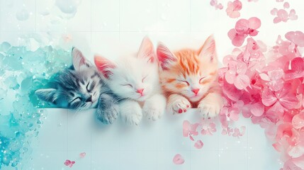 Three adorable kittens resting peacefully among colorful flowers and soft pastel backgrounds.