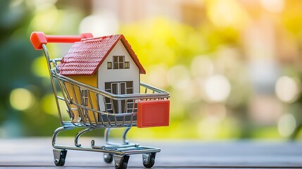 Mock house inside shopping cart concept of home buying investment real estate dream ownership planning
