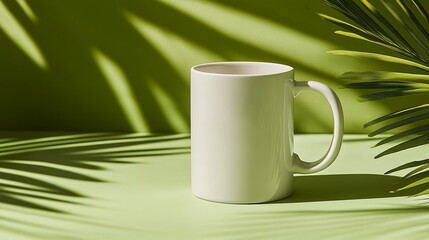 Mockup of a white ceramic coffee mug placed on lime green background with tropical palm leaves shadow overlay high quality product branding scene