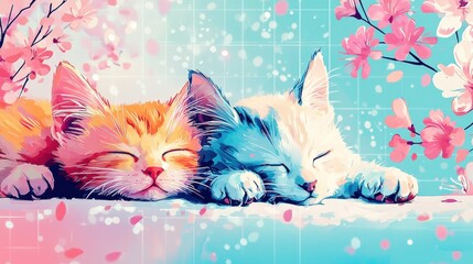Two adorable kittens rest peacefully among colorful blossoms.