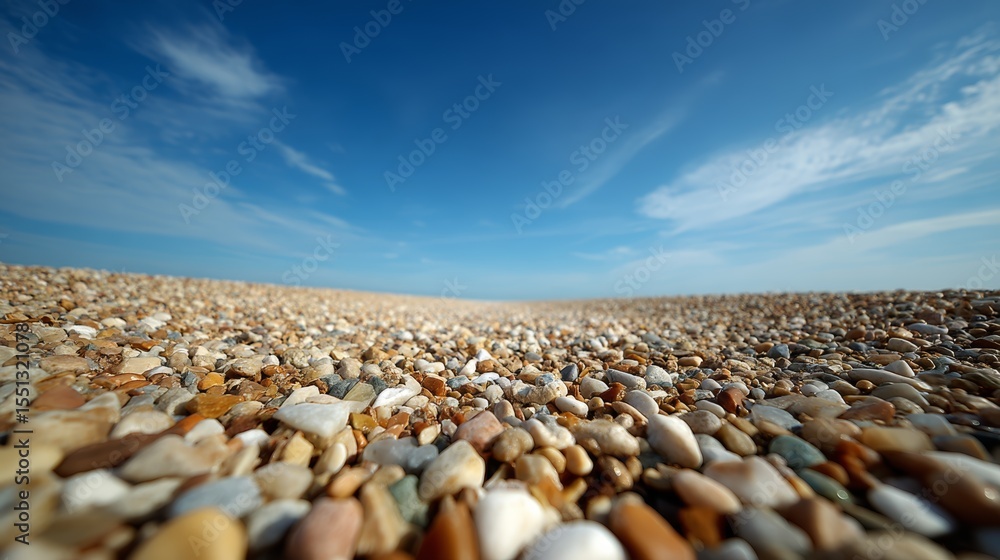 Poster serene lowangle view of a curved stone pathway on a beach with soft sand and clear blue sky creating