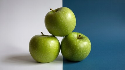 Three green apples on split blue and white background