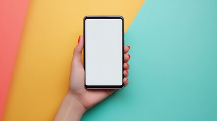 Mockup of female hand holding blank screen smartphone on color background concept of app design tech display