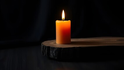 Burnt Orange Candle on Dark Wooden Plank with Flickering Flame – Hyperrealistic Close-Up Still Life