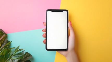 Mockup of female hand holding blank screen smartphone on color background concept of app design tech display