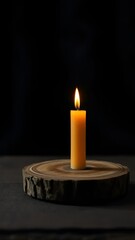 Burnt Orange Candle on Dark Wooden Plank with Flickering Flame – Hyperrealistic Close-Up Still Life