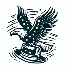 Fototapeta premium Bald Eagle with american flag overlay top hat Attack dive. Independence Day 4th of July Patriotism Usa America Clipart Line Art Vector Illustration. Patriotic bird united states banner high.