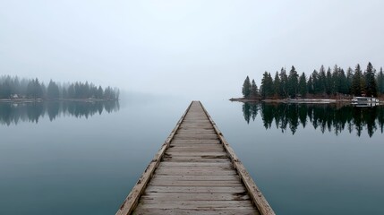 Fototapeta premium Mystical foggy wooden pier extending into serene forest lake with tree silhouettes reflected in tranquil water, soft mist creating an atmospheric and peaceful scene.