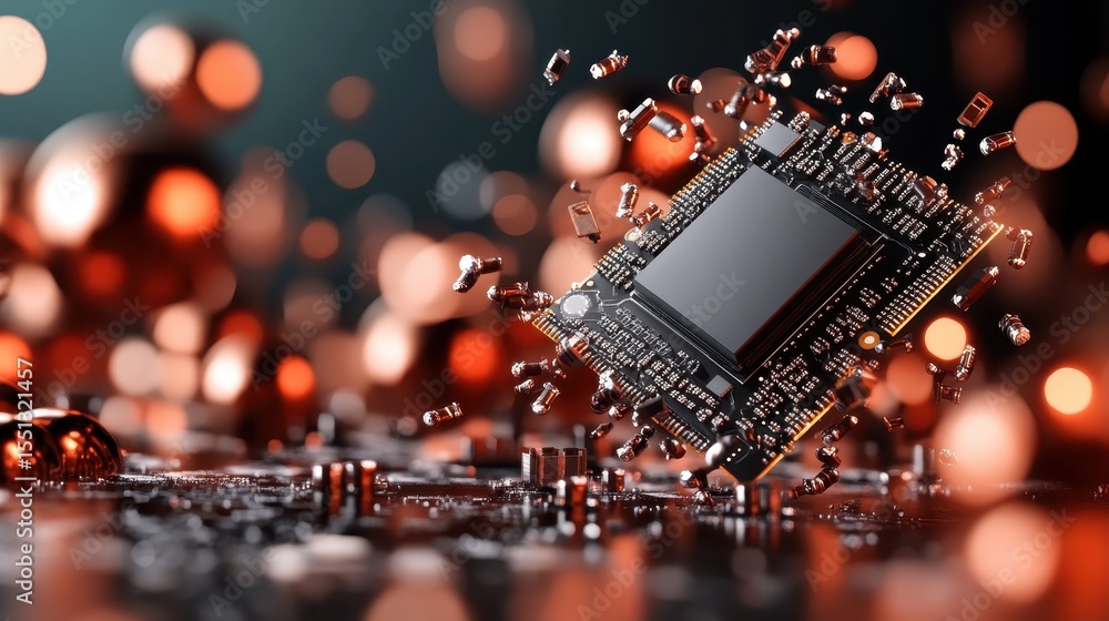 Poster this eye-catching image features a floating circuit board amidst vibrant, abstract elements, symboli