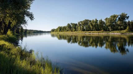 Fototapeta premium serene summer landscape along banks of edmonton river featuring lush greenery and gentle ripples in water