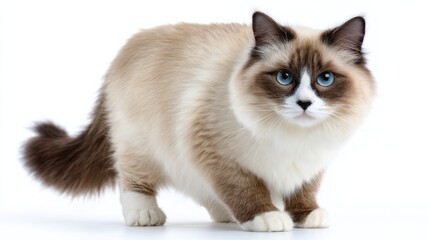 Fluffy ragdoll cat standing on white background with intense blue eyes and silky fur coat perfect for pet care visuals, animal-related articles and domestic cat breed identification