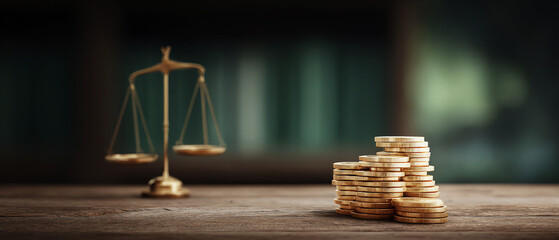 Stacked gold coin justice scale wooden table blurred background law finance wealth balance legal concept symbolizing fairness and prosperity