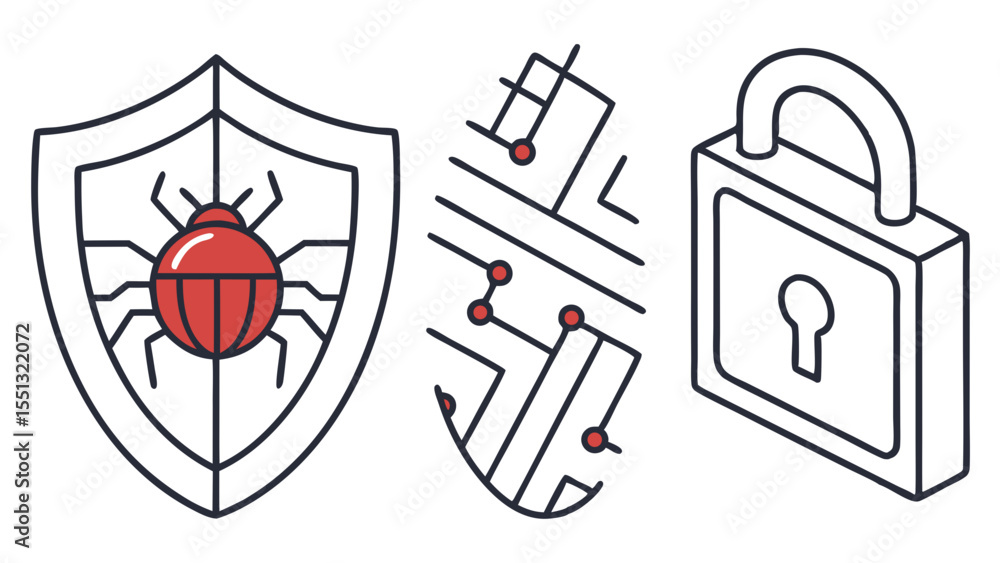 Poster cybersecurity icons featuring a shield with a bug, a circuit board, and a lock isolated on white bac