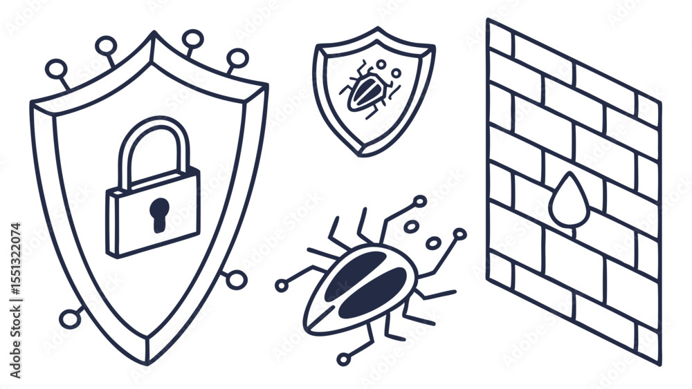 Poster cybersecurity icons depicting a shield with a lock, a bug, and a firewall isolated on white backgrou