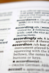 English Definition Dictionary Of Printed Word -  Accordingly Close Up