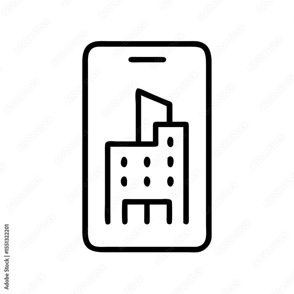 Poster city app icon displayed on mobile phone, showing tall building with geometric shapes. city app icon 