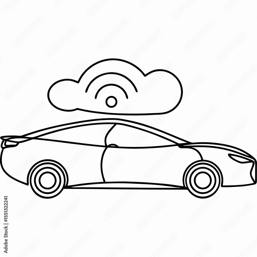Poster connected car icon with cloud and wifi symbol in minimalist line art style for web design. connected