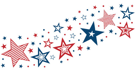 Obraz premium USA border, American flag stars banner, 4th July decoration. Red and blue stars and dots scattered across a white background.