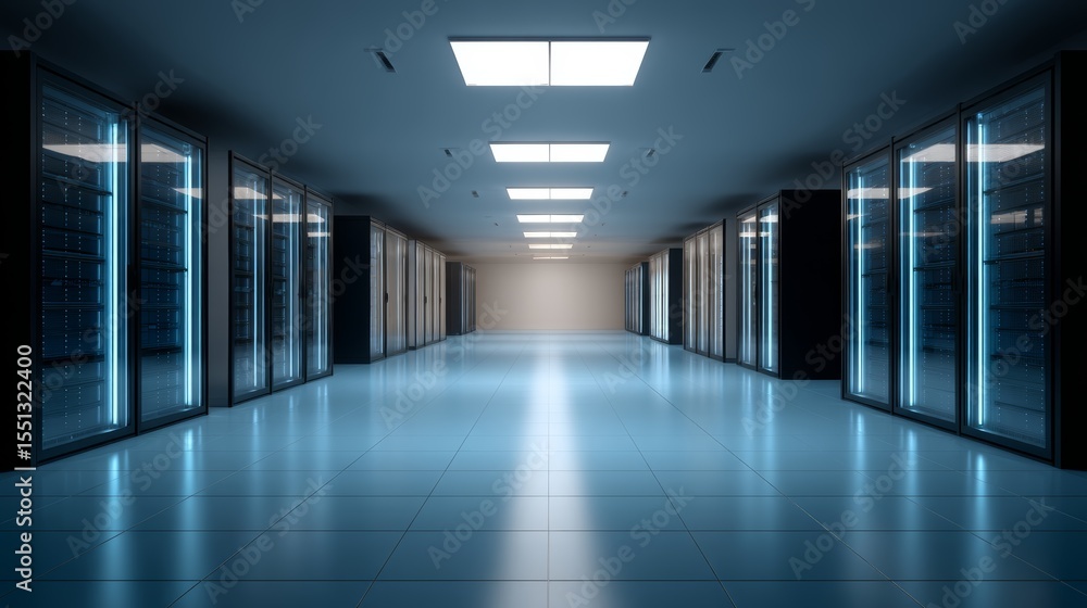 Poster Sleek hightech server room with glowing blue holographic displays showcasing data encryption and cybersecurity measures from an eyelevel wide shot.