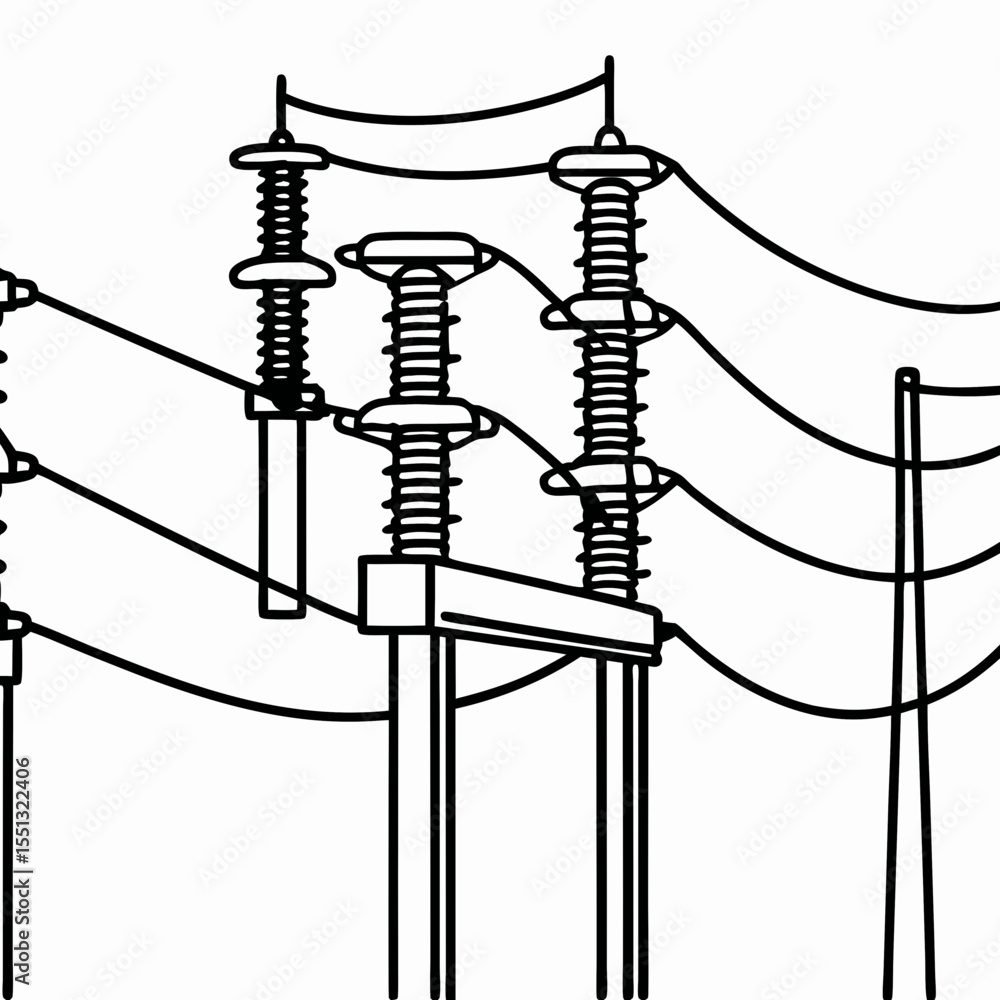 Poster depiction of electricity hub showing power lines and electrical insulators. electricity hub includes