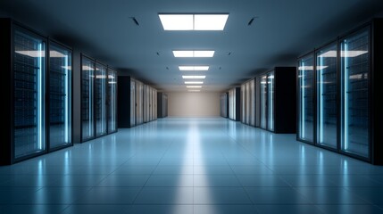 Sleek hightech server room with glowing blue holographic displays showcasing data encryption and cybersecurity measures from an eyelevel wide shot.