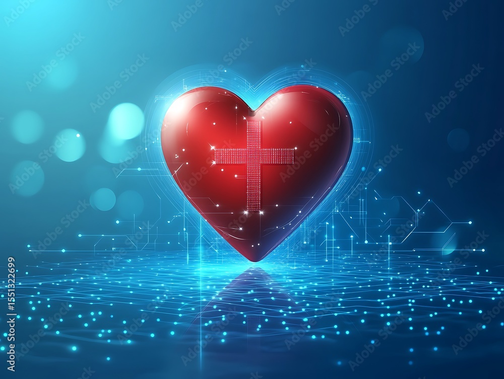 Poster red heart with cross design on a blue digital network background with bokeh lights and glowing lines