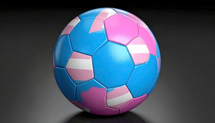 A pink and blue soccer ball. The ball is on a dark surface